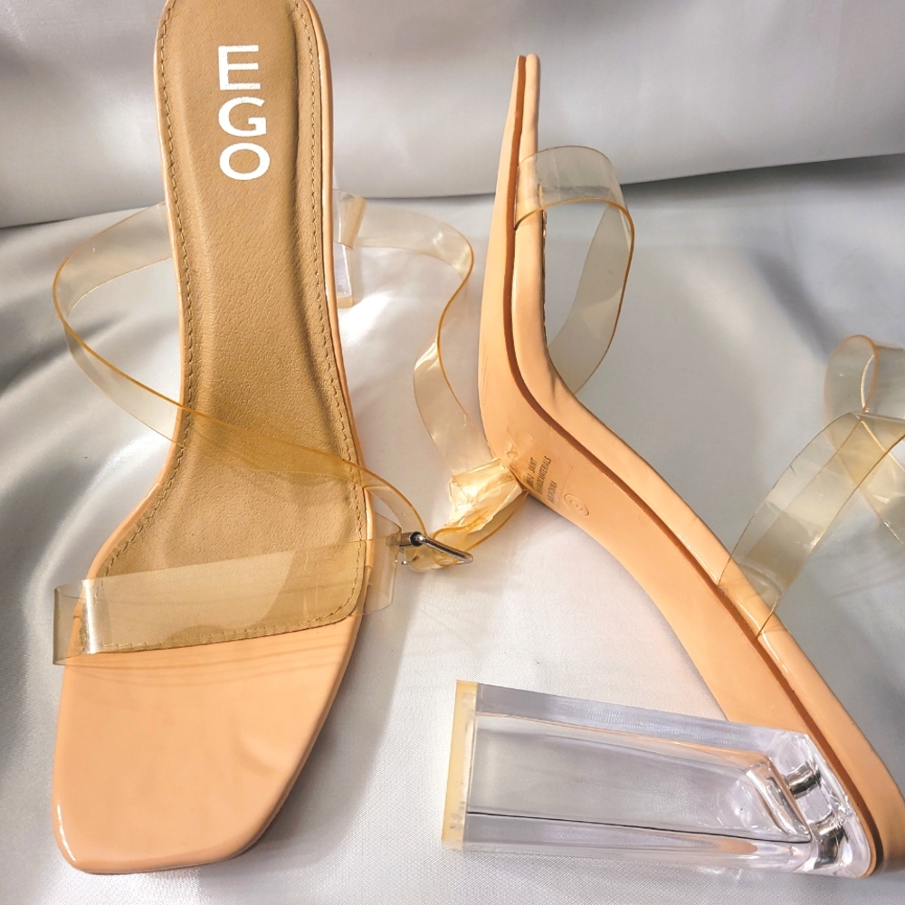 EGO Nude patent/ Yellow clear strap sandel with lucite block heel.